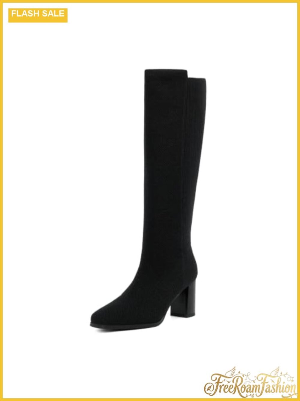 Stretchy Knee High Boots Women Square Toe Chunky Block Heel Pull-On
